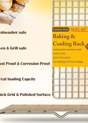 2-Pack Cooling Racks for Cooking and Baking - 10" x 15"Heavy Duty Stainless Steel Wire Rack for Baking, Grilling, Roasting - Oven & Dishwasher Safe - Fits Jelly Roll Sheet Pan（Gold）