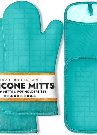 HOMWE Silicone Oven Mitts and Pot Holders for Kitchen & Baking - Set of 4 Heat-Resistant, Heavy-Duty Cooking Mittens w/Non-Slip, Textured Grip