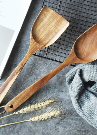 FJNATINH Large Wooden Wok Spatula, 13 Inch Natural Teak Long Handle Turner Coated Natural Resin, Handmade for Non-stick Cookware