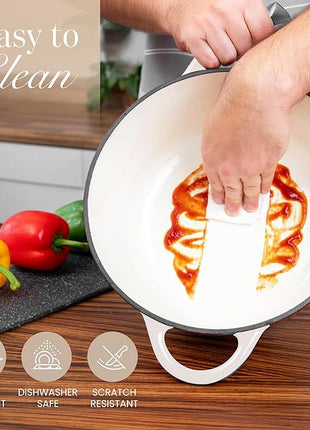 Nuovva Enamelled Cast Iron Dutch Oven Pot with Lid 6.4 Quart Non Stick Casserole Pot – Heavy Duty & Oven Safe up to 500° F for Bread Baking, Braising, Stews, Roasting – 28cm Oyster