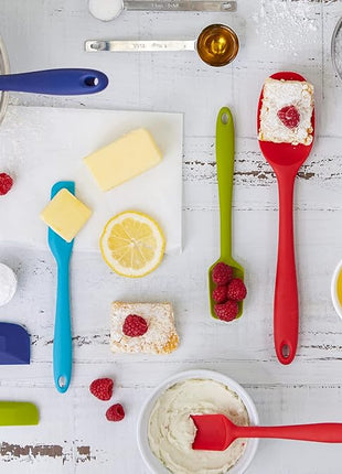 RSVP International Ela Series Mini Spatula Set for Cooking & Baking Silicone Rubber Scraper, Great Tool for Kids, Spoon, Spatula & Brush, 4 Piece Set, Assorted Colors, 4 Count