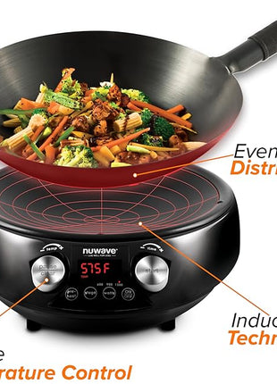 Nuwave Mosaic Induction Wok, Precise Temp Controls from 100°F to 575°F in 5°F, Wok Hei, Infuse Complex Charred Aroma & Flavor, 3 Watts 600,900 & 1500, Authentic 14-inch Carbon Steel Wok Included,Black
