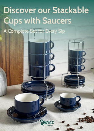 Sweese 8 Ounce Porcelain Stackable Cappuccino Cups with Saucers and Metal Stand - for Specialty Coffee Drinks, Cappuccino, Latte, Americano and Tea - Set of 4, Navy