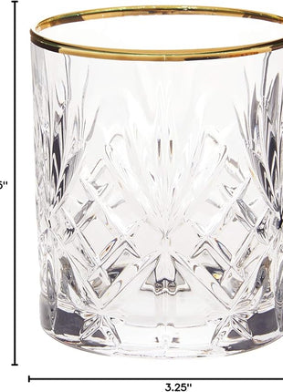 Lorren Home Trends Siena Collection Crystal Double Old Fashion Beverage Glass with Gold Band Design, Set of 4,10 FL OZ
