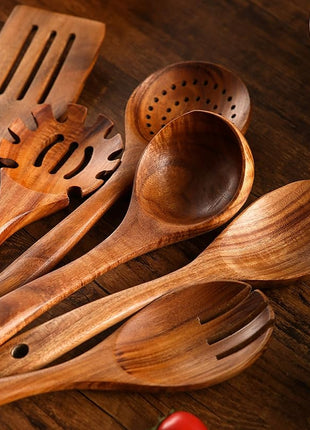 Wooden Kitchen Utensils Set with Holder, NAYAHOSE 11 Pcs Teak Wooden Cooking Spoons and Spatulas with Stainless Steel Storage Barrel