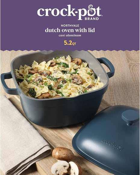 Crock-Pot Northvale Cast Aluminum Lightweight Durable 5.2 Quart Heavy Duty Dutch Oven Pot With Lid, Oven Safe, Dual Handles - Matte Blue