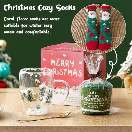 Christmas Gifts For Women Mom Friends Kids Grandma Men Cute Coffee Mugs with Christmas Socks Glass Espresso Tea Cups Kawaii Christmas Stocking Stuffers Decorations Presents Funny White Elephant Gifts