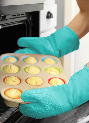 BPA-Free Soft Silicone Oven Mitts - Ultra Heat Resistant Oven Mitts with Thick Cotton Liner - Long Slip Resistant Pot Holders, Flexible Oven Gloves - Turquoise 13.7"