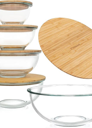 Stackable Space-Saving Set of 5 Nesting Glass Bowls with Bamboo Lids for Foodprep, Storage, Baking, Mixing & Cooking, Microwave & Oven Safe BPA Free Heat Resistant Inert Borosilicate Glass