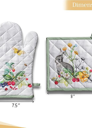 Maison d' Hermine 100% Cotton Oven Mitt & Pot Holder Set (7.5"x13" & 8"x8") Heat Resistant BBQ Cooking Gloves with Loop, Baking, Grilling, Kitchen, Handling Hot Pans Spring/Summer (Printemps)