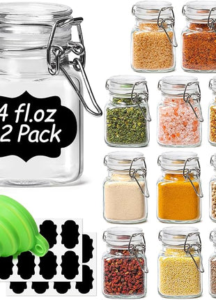 ComSaf 4 oz Glass Jars with Lid, Set of 12 Mini Airtight Glass Jars, Spice Jars, Small Mason Jar, Canning Jar Square with Seal Wire Clip Fastening, Labels & Funnels for Jam, Honey, Kitchen, Wedding