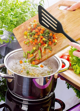 Silicone Spatula Turner Set, 2PCS Heat-Resistant Non-Stick Fish Slotted Spatula Kitchen Utensil Set for Cooking, Baking and Mixing, BPA Free & Dishwasher Safe (Black)