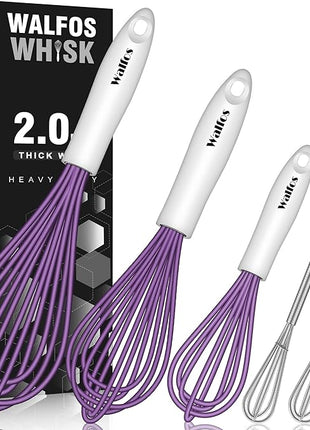 Walfos Whisk,Silicone Whisk Heat Resistant (480°F) Kitchen Whisks set of 5.Non Scratch Coated Whisks for Nonstick Cookware,Egg Wisk Premium for Blending,Whisking,Beating,Frothing. (Purple)