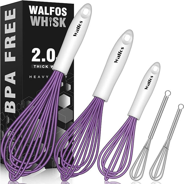 Walfos Whisk,Silicone Whisk Heat Resistant (480°F) Kitchen Whisks set of 5.Non Scratch Coated Whisks for Nonstick Cookware,Egg Wisk Premium for Blending,Whisking,Beating,Frothing. (Purple)