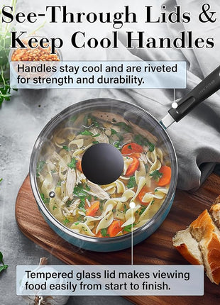 Cook N Home Pots and Pans Nonstick Cookware Set 10-Piece, Belly Shape Kitchen Cooking Set with Frying Pans and Saucepans, Induction Compatible, Turquoise