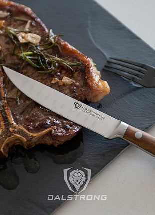 Dalstrong Steak Knife Set-4pc 5" Straight Blade Edge-Gladiator Series-Forged German High-Carbon Steel-w/Sheaths-Olive ABS Handle-Dinner Set Kitchen Knives