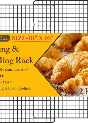 2PCS Cooling Racks for Cooking and Baking - 10" x 16"Heavy Duty Stainless Steel Wire Rack for Baking, Grilling, Roasting - Oven & Dishwasher Safe - Fits Half Sheet Pan（Black）