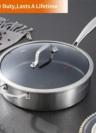 DELARLO Frying Pan,12 inch Tri-Ply Stainless Steel Skillet,6 Quart Saute Pan with lid, Compatible with All Cooktops,Oven Up to 660℉,Chicken Fryer,Dishwasher-Friendly