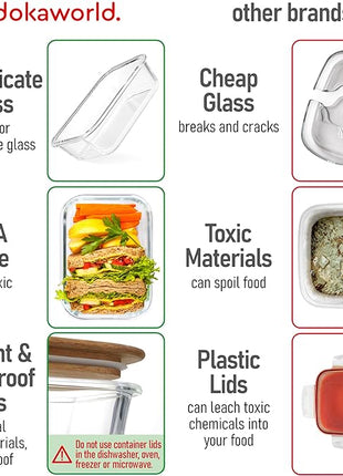 Glass Tupperware Set with Acacia Lids - 4 Stackable Meal Prep Containers. Durable heat resistant Inert Borosilicate Glass