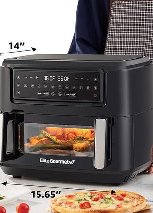 Elite Gourmet EAF1055D Dual Zone Air Fryer Oven, 11QT. Capacity with Divider, Sync Finish, Dishwasher Safe Basket, 10 Preset Functions, 1600-Watts, with Recipe Booklet, Black