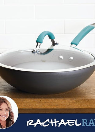 Rachael Ray Cucina Hard-Anodized Nonstick Covered Stir Fry Pan, 11-Inch, Gray, Agave Blue Handles
