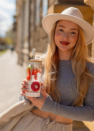 Pandaloo® Glass Cups With Lids and Straws -20 Fl Oz- Perfect Size Iced Coffee Cup - Smoothie Cup With Bamboo Lid and On the go Lid (Ethnic chic-Fabulous Fez, 1 Count (Pack of 1))