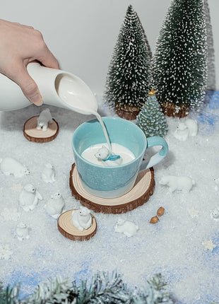 DIHOclub Skiing Polar Bear Ceramic Cup Hidden Animal Inside Mug Cute Cartoon Handmade Figurine Mugs,Holiday and Birthday Gift for Coffee Milk Tea Lovers,12 OZ(Blue White)