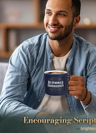 Christian Art Gifts Inspirational Ceramic Coffee & Tea Scripture Mug for Men & Women: Strong & Courageous Bible Verse, Microwave & Dishwasher Safe Non-toxic Beverage Cup, Dark Navy Blue/White, 13 oz.