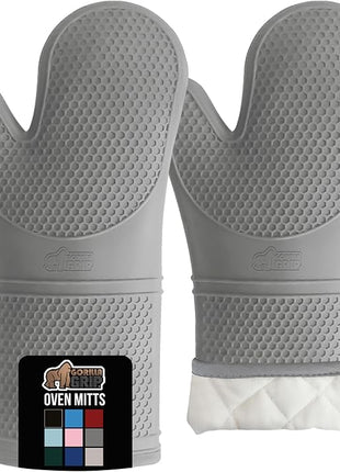 GORILLA GRIP BPA-Free Soft Silicone Oven Mitts, 14.5x8.3, Heat Resistant and Waterproof Cooking Gloves, Thick Cotton Lining, Flexible Gripping for Baking Grilling, Kitchen Potholders Set of 2, Gray