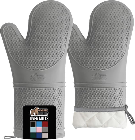 GORILLA GRIP BPA-Free Soft Silicone Oven Mitts, 14.5x8.3, Heat Resistant and Waterproof Cooking Gloves, Thick Cotton Lining, Flexible Gripping for Baking Grilling, Kitchen Potholders Set of 2, Gray