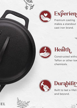 Cuisinel Cast Iron Dutch Oven - 3-Quart Deep Pot + Lid + Pan Scraper + Handle Covers - Large Pre-Seasoned Cooker for Baking Bread, Soup, Frying - Indoor/Outdoor Kitchen, Camping, Fire, BBQ Cookware
