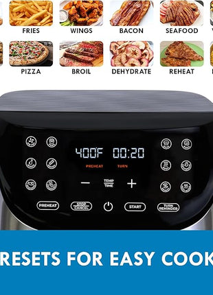 Kenmore 8 Quart Air Fryer - Aerogrill, Non-Stick Frying Basket, French Fry, Digital Touch Screen, 12 Presets, Freidora Eléctrica, Countertop Cooking Kitchen Appliance, Stainless Steel, Black