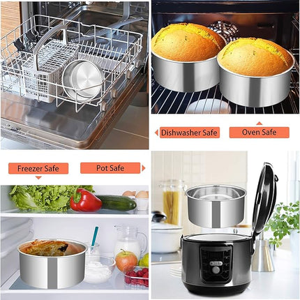 TeamFar 6 Inch Cake Pan, 6” x 3” Deep Round Cake Pan Tier Baking Pans Set Stainless Steel, For Baking Steaming Serving, Healthy & Toxic Free, Deep & Straight Size, Oven & Dishwasher Safe - Set of 4