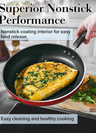 Cook N Home Nonstick Frying Pans Set 3 Piece, 8, 9.5, 11-Inch Kitchen Cooking Skillets Saute Fry Pan Induction Compatible, Marble Red