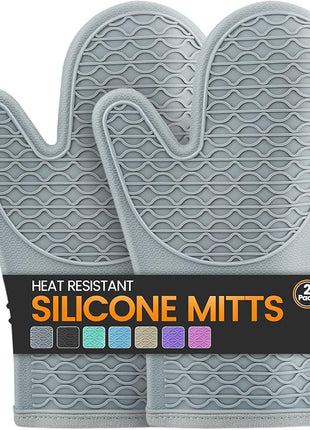 Silicone Oven Mitts, Heat Resistant 2PCS Oven Mitts with Soft Cotton Lining, Waterproof Non-Slip Grip Oven Glove, Kitchen Potholder Mits for BBQ, Baking, Cooking, 12.5 Inch - Grey