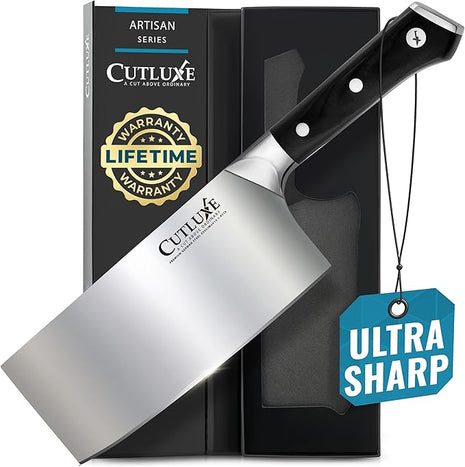 Cutluxe Cleaver Knife - 7" Meat Cleaver, Butcher Knife for Meat Cutting – German Steel Blade, Full Tang, Ergonomic Handle Design – Artisan Series
