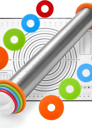 17 Inch Adjustable Stainless Steel Rolling Pin with 4 Thickness Rings & Non-Stick Pastry Mat – Professional Dough Roller for Pizza, Cookies, Pasta & Pies - Black