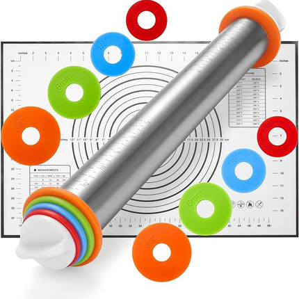 17 Inch Adjustable Stainless Steel Rolling Pin with 4 Thickness Rings & Non-Stick Pastry Mat – Professional Dough Roller for Pizza, Cookies, Pasta & Pies - Black