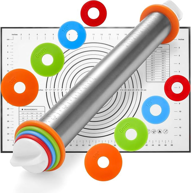 17 Inch Adjustable Stainless Steel Rolling Pin with 4 Thickness Rings & Non-Stick Pastry Mat – Professional Dough Roller for Pizza, Cookies, Pasta & Pies - Black