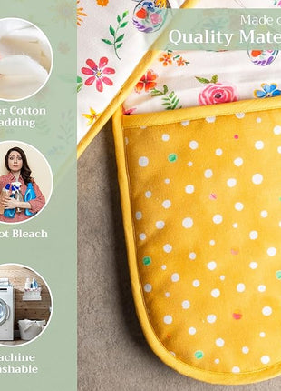 Maison d' Hermine Double Oven Mitts 100% Cotton 7"x35" Double Oven Mitt Heat Resistant BBQ Cooking Gloves with Loop, Baking, Grilling, Kitchen, Handling Hot Pans Spring Summer (Happy Florals - Sweety)