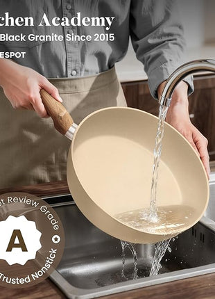 Kitchen Academy Induction Pots and Pans Set Non Stick - 12 Pieces Nonstick Kitchen Cookware Set, Granite Cooking Set Pots and Pans, Beige