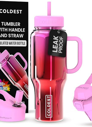 Coldest Tumbler with Handle and Straw - 100% Spill Proof Tumbler with Straw (3 Lids) - Stainless Steel Insulated Leakproof Tumblers for Women & Men - Cup Holder Friendly - 36 oz (Tulip Nova)