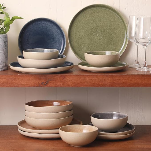Gibson Elite Manila Bay 16-Piece Stoneware Dinnerware Set, Service for 4, Reactive Glaze Modern Artisan Plates, Bowls & Mugs, Assorted Colors, Round Design