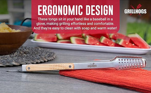 12" Tongs 18/0 Stainless Steel BBQ Grill Tongs with Ergonomic Real Oak Wood Handle for Cooking - Durable Grilling Accessory, Tongs for Cooking & Kitchen, Outdoor Barbecue, Easy to Clean