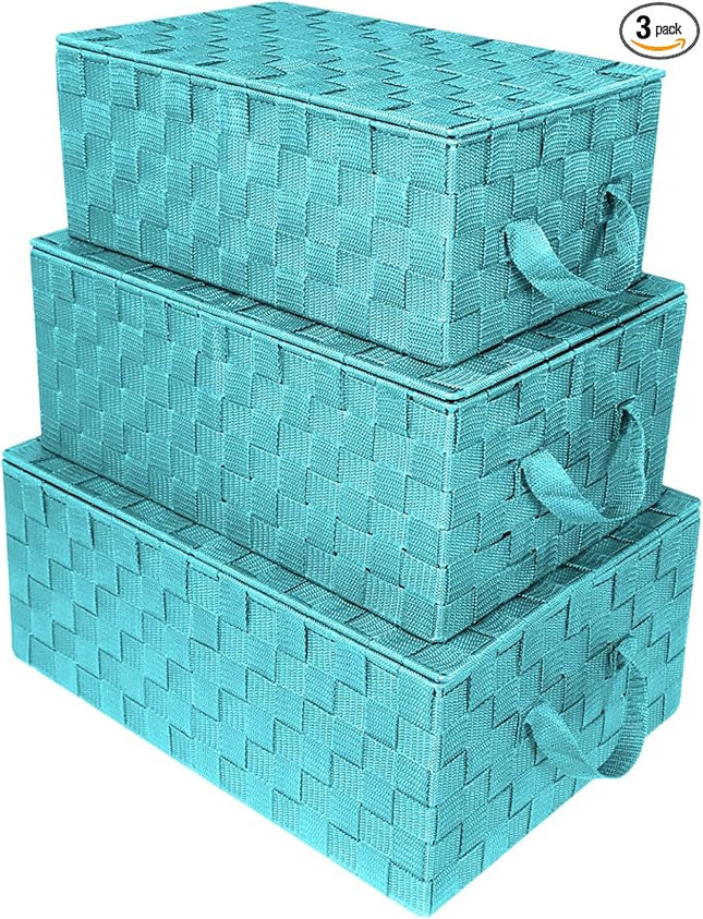 Sorbus Set of 3 Hand-Woven Storage Baskets with Lids (Aqua) – Mesh Bins for Closet, Shelf, or Pantry Organization – Variety Pack for Home and Office Storage