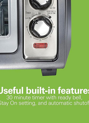 Hamilton Beach Air Fryer Toaster Oven Combo with Large Capacity, Fits 6 Slices or 12” Pizza, 4 Cooking Functions for Convection, Bake, Broil, Roll-Top Door, Easy Reach Sure-Crisp, Stainless Steel