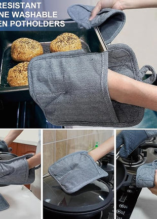 Pot Holders Yarn-Dyed Set of 3 Non Slip Silicone Kitchen Lines Heat Resistant 500℉ Kitchen Gloves BBQ Cooking Baking Women Men Cooking Barbecue Microwave Machine Washable (Gray Potholders)