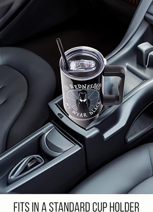 Silver Buffalo The Addams Family Wednesday On Wednesdays We Wear Black Stainless Steel Tumbler with Handle and Straw, Fits in Standard Cup Holder, 40 Ounces