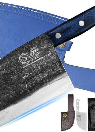 XYJ Antique Forged Butcher Knives, Serbian-Style Chef's Knife with Sheath, Heavy-Duty Meat Cleaver for Kitchen & Outdoor Use, Full Tang Construction