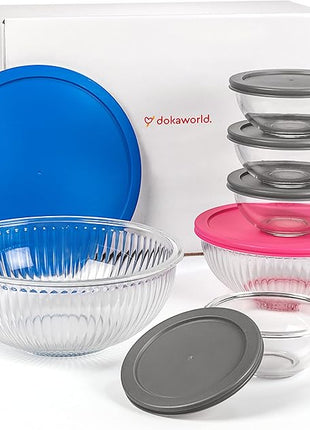 Set of 6 Stackable Space-Saving Nesting Glass Bowls with BPA Free Lids for Foodprep, Storage, Baking, Mixing & Cooking, Microwave Safe - Durable Inert Borosilicate Glass